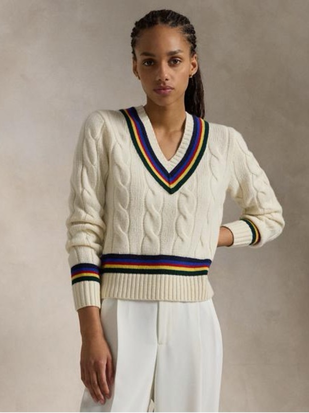 Polo Ralph Lauren Wool Cashmere Blend V-Neck Preppy Sweater Size M Cream Cable